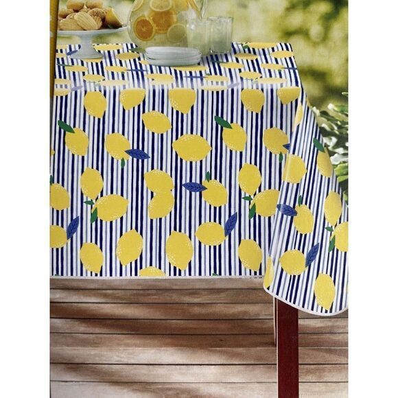 Mainstays 60 x 84 inches Lemons Striped PEVA Tablecloth Rectangle Vinyl Picnic - Picture 3 of 5